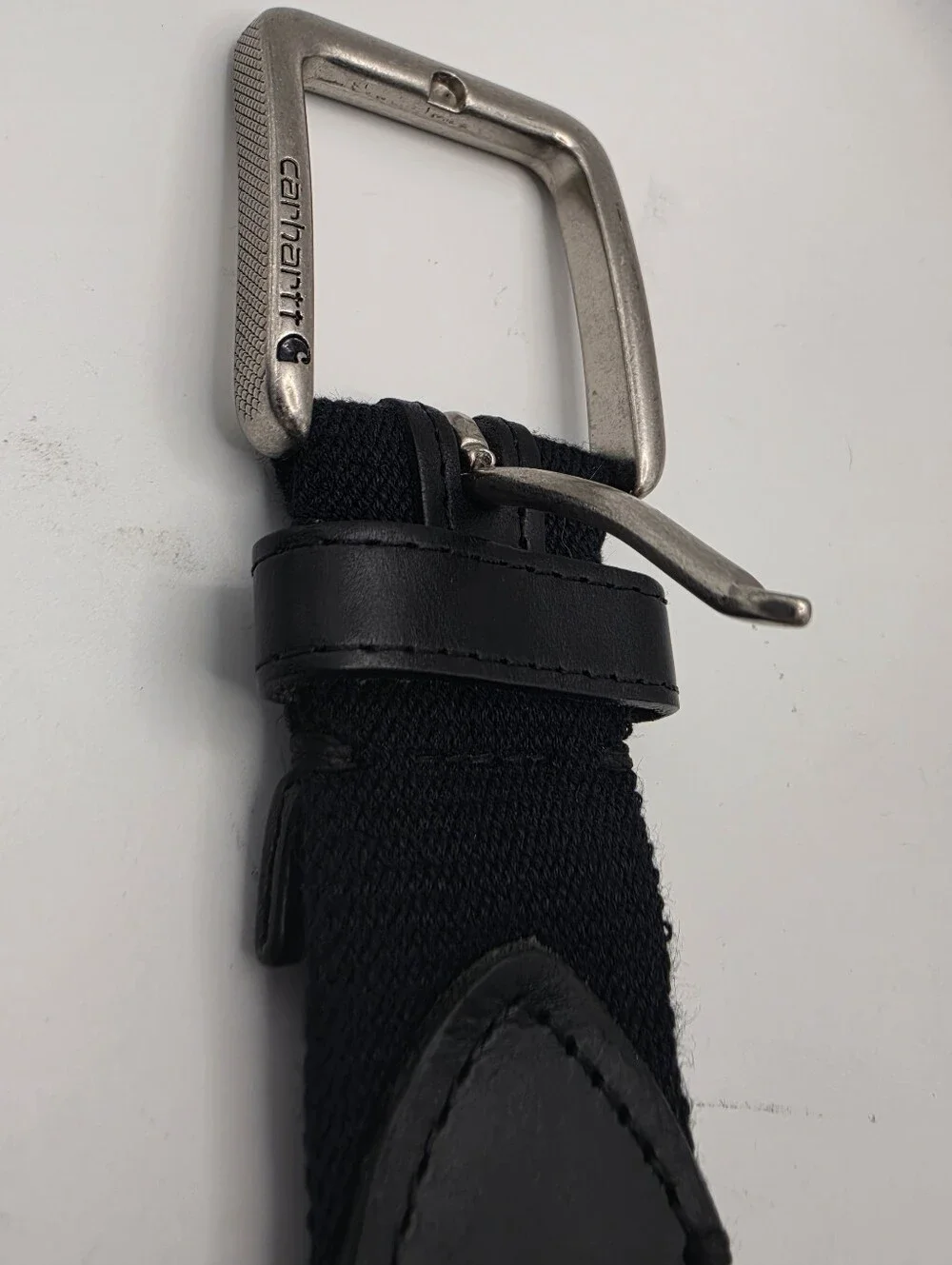Carhartt Black Canvas‎ Leather Trim Belt Size 36 Logo Buckle Workwear Great Cond